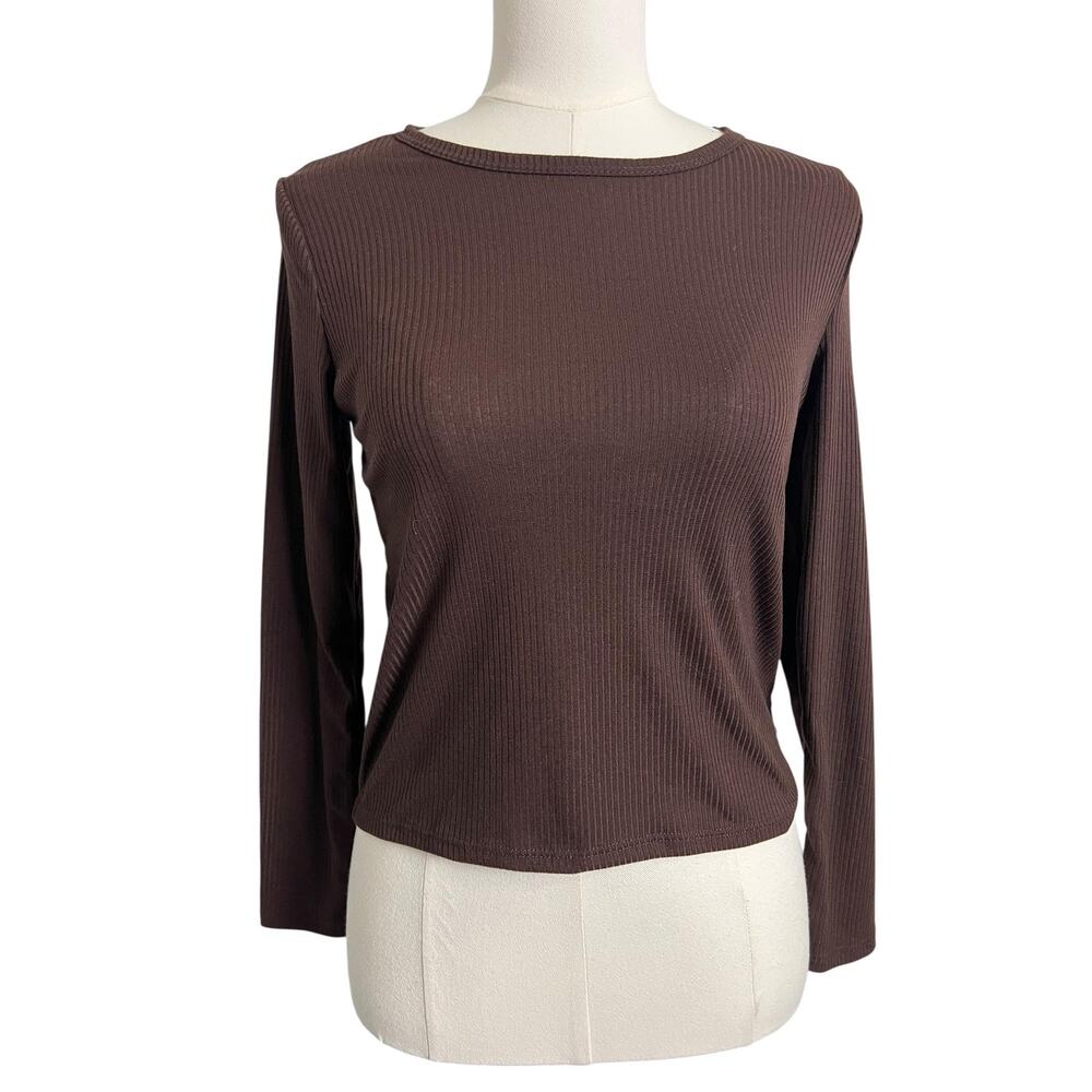 Crown Of Hearts Shirt Womens Large Brown Ribbed Long Sleeve Boat Neck Top